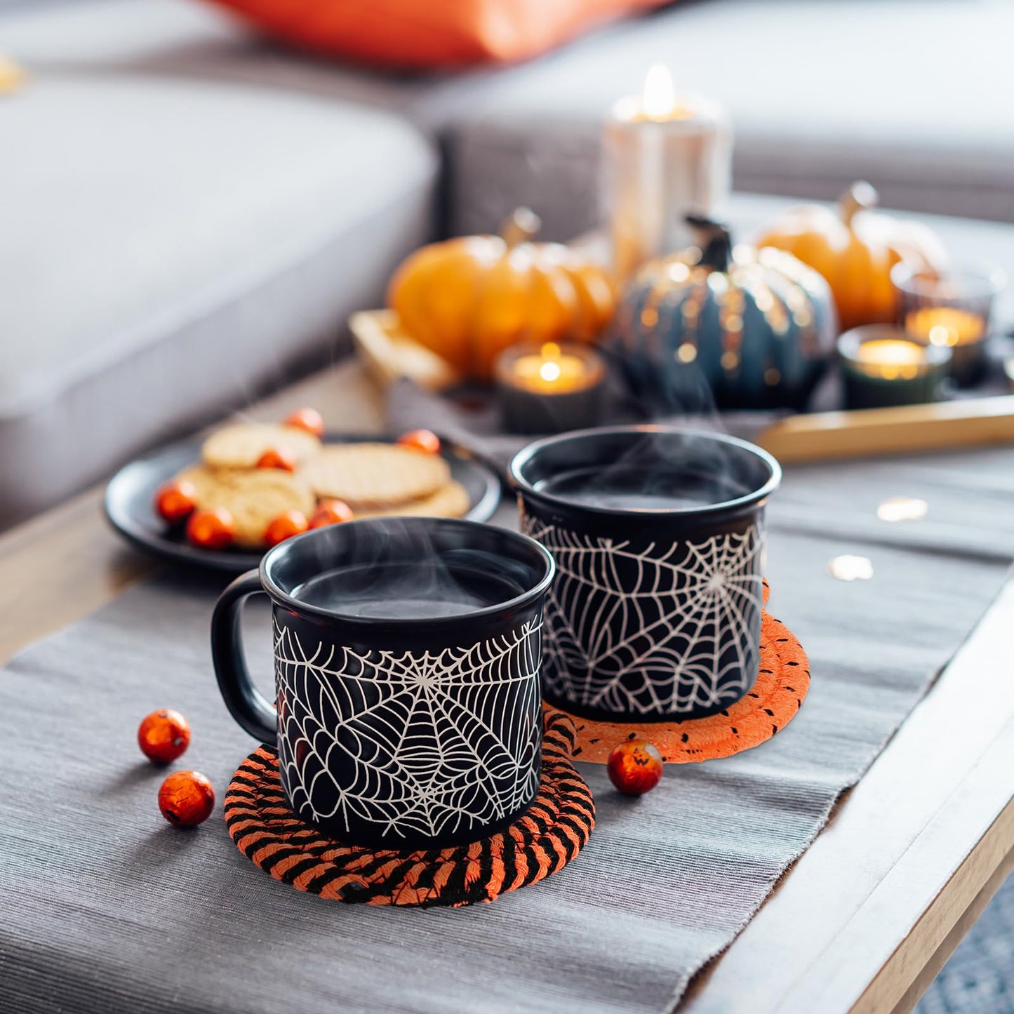 Whaline Halloween Cat Ear Shape Cotton Coasters Black Orange Cat Ear Handmade Braided Drink Coasters Absorbent Cup Mats for Trick or Treat Party Home Table Decor, Set of 4