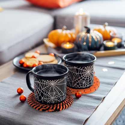Whaline Halloween Cat Ear Shape Cotton Coasters Black Orange Cat Ear Handmade Braided Drink Coasters Absorbent Cup Mats for Trick or Treat Party Home Table Decor, Set of 4