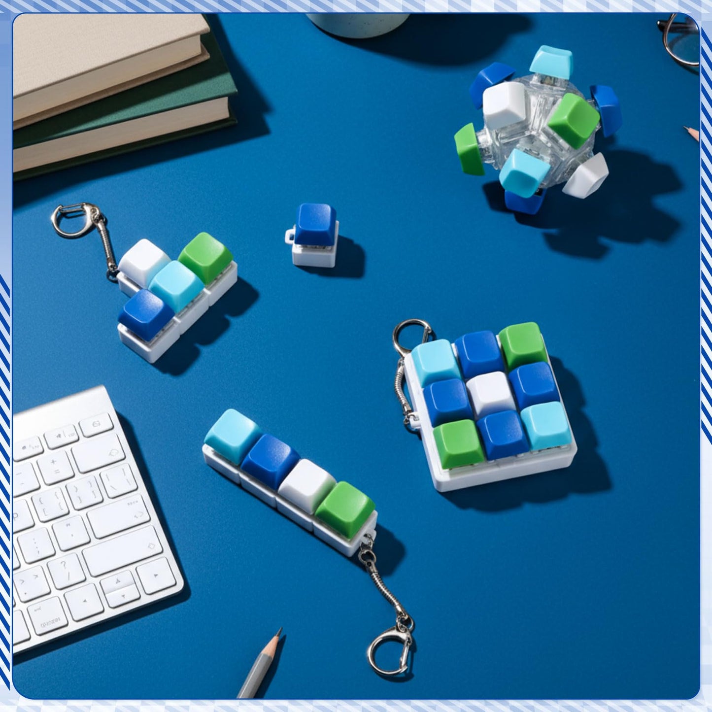 Halloscume 5 Pcs Keyboard Adult Fidget Clicker in 5 Styles Keyboard Fidget Keychain Cube Mechanical Key Button Clicker Stress Relief Gift for Office Home Pass Time(Blue Green)