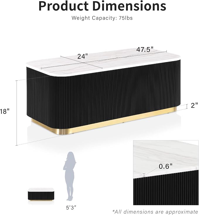 Furniture of America Beryl Modern Rectangle White Genuine Marble Top Coffee Table with Fluted Pedestal Base and Gold Stainless Steel Accent, Low Profile Table for Living Room, Home Office, Black