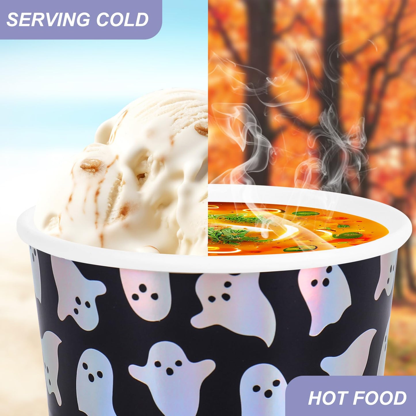 JarThenaAMCS 50Pcs Halloween Snack Cups Iridescent Ghost Candy Paper Treat Cups 8oz Cute Spooky Boo Disposable Dessert Soup Bowl for Hot or Cold Foods Halloween Fall Party Supplies