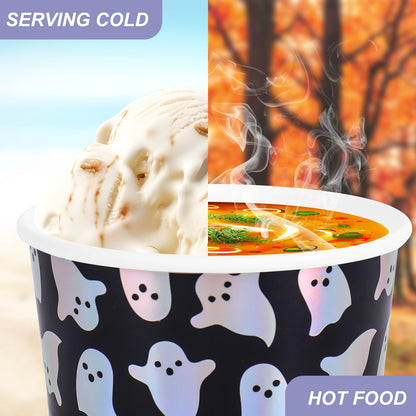 JarThenaAMCS 50Pcs Halloween Snack Cups Iridescent Ghost Candy Paper Treat Cups 8oz Cute Spooky Boo Disposable Dessert Soup Bowl for Hot or Cold Foods Halloween Fall Party Supplies