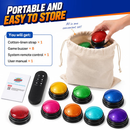 Buzzers for Trivia Games and Family Party: 8 Pack Answer Buzzers with Remote Control - Game Buzzers with Light & Sound First-Press Lock for Classroom Quiz