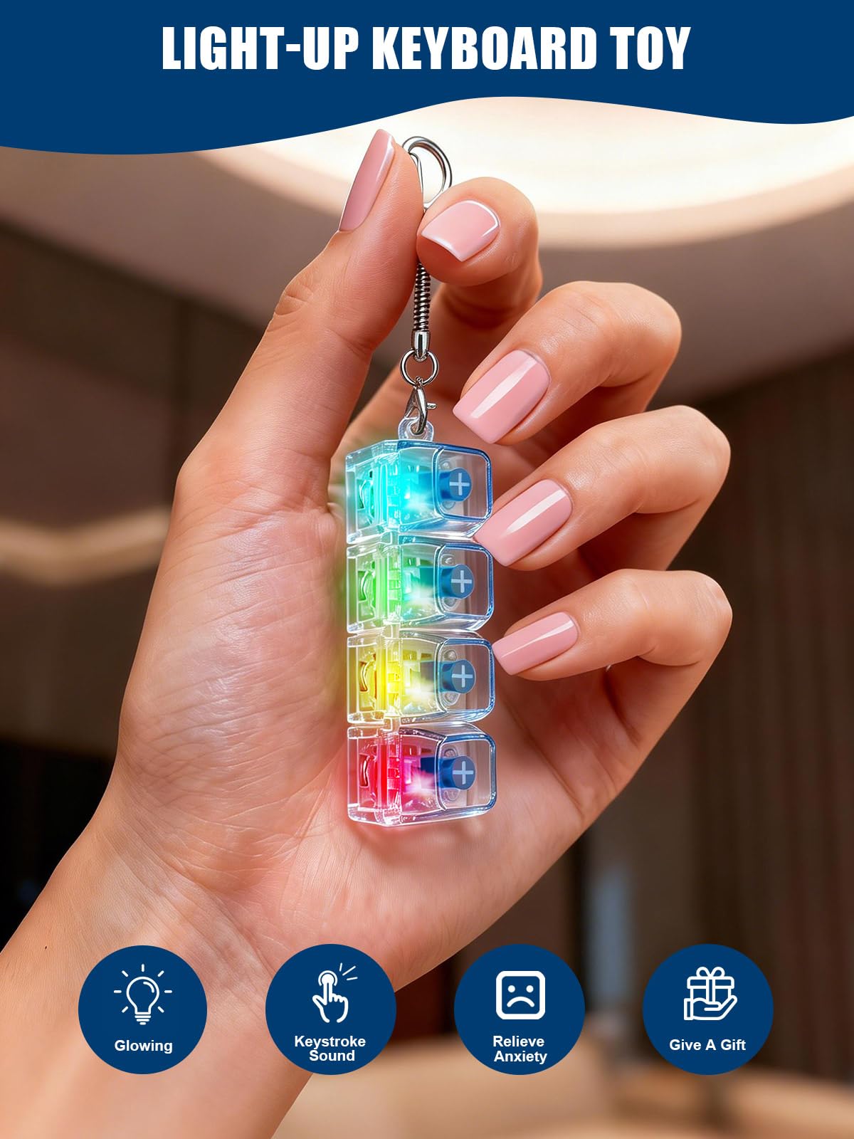 10PCS Light Up Keyboard Fidget Toy, 4-Key LED Keyboard Fidget Clicker Keychain with RGB Lights, Portable Mechanical-Style Sensory Desk Toy for Adults and Teens