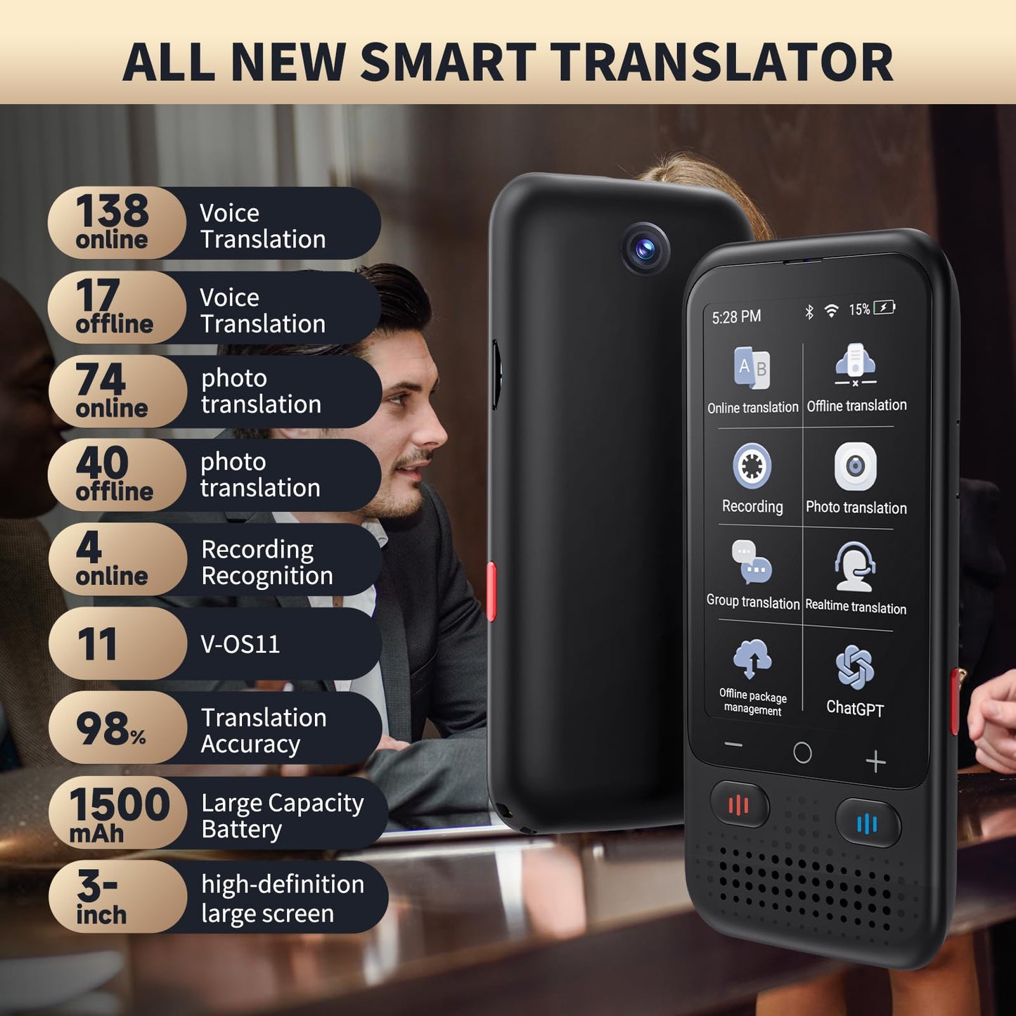 Language Translator Device No WiFi Needed, Upgraded VORMOR Ai ChatGpt Translator with 150+ Languages, Offline/Photo/Real Time Translation Device for Travel Business Learning