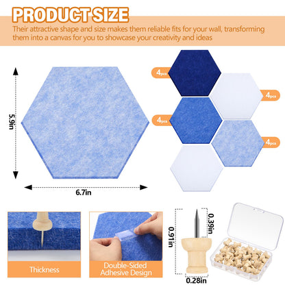 Mindsoft 16 Pcs Hexagon Cork Board for Walls with 50 Wooden Push Pins 6.7 x 5.9 in Felt DIY Tiles Notice with Nano Tape Hanging Bulletin Board for Home Photo Office Memo Note (Blue)