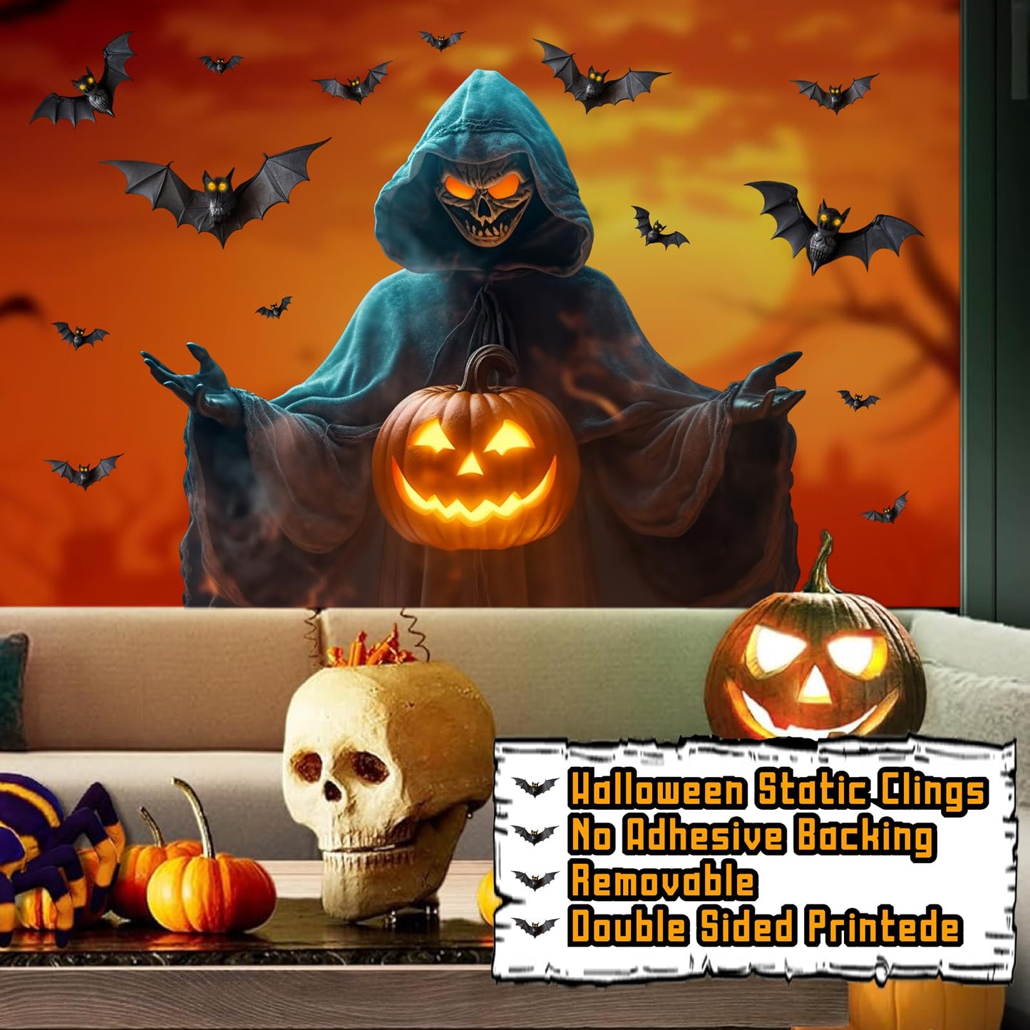 Halloween Window Decorations Clings Large Ghost Decals for Glass Door Double Sided Scary Window Decal Removable Indoor Halloween Party Supplies Spooky Bats Static Decal for Home Office Holiday Decor