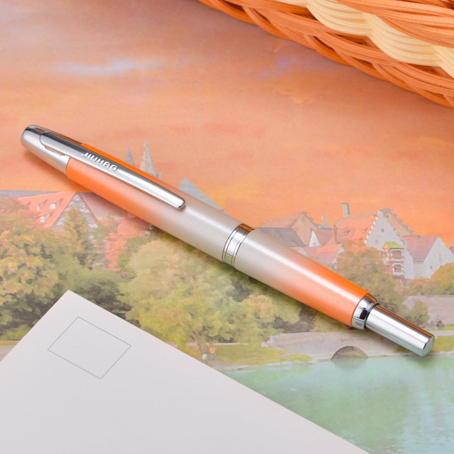 Jinhao 10 Press Fountain Pen with Box, Gradient Light Orange Retractable Extra Fine Nib with Ink Converter Set (Silver Clip)