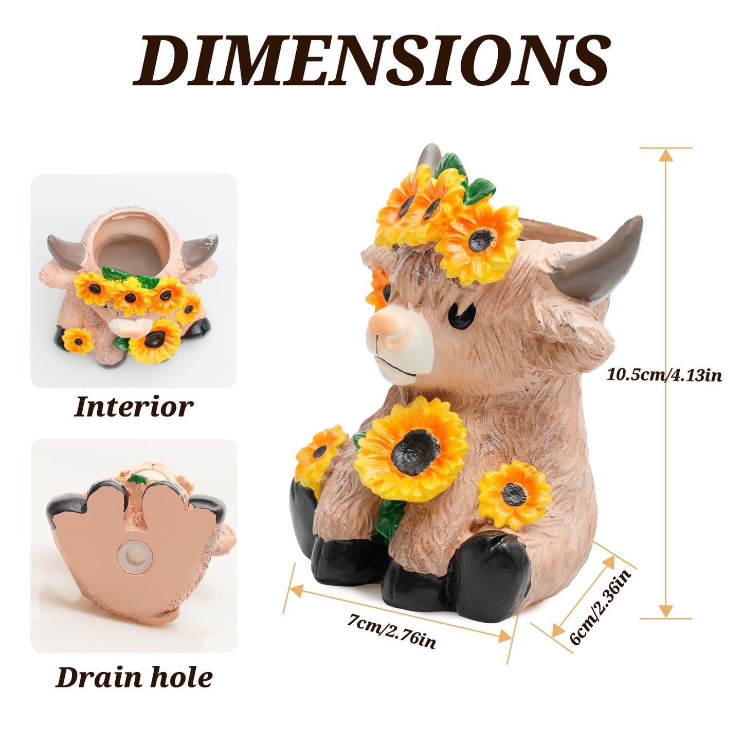 Cute Highland Cow Planter, 4.13 inch Resin Succulent Pot, Animal Planter with Drain, Mini Cows Flower Pots, Storage Containers for Outdoor Indoor Backyard Balcony Planters Home Garden Decor Gifts