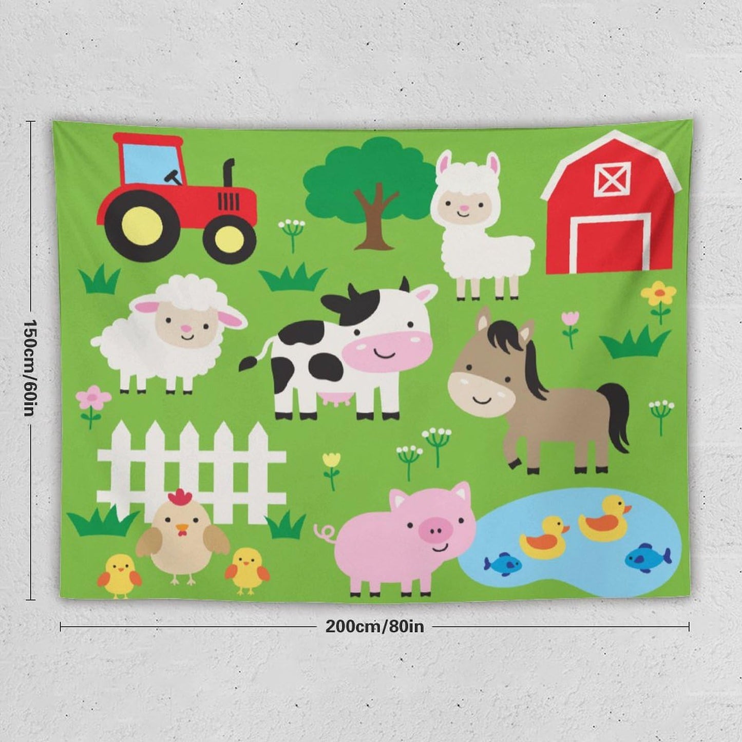 DDCBNS Cute Animal Tapestry, Cartoon Farm Animal Wall Hanging for Baby Kids' Rooms, Green Color, 80" x 60"