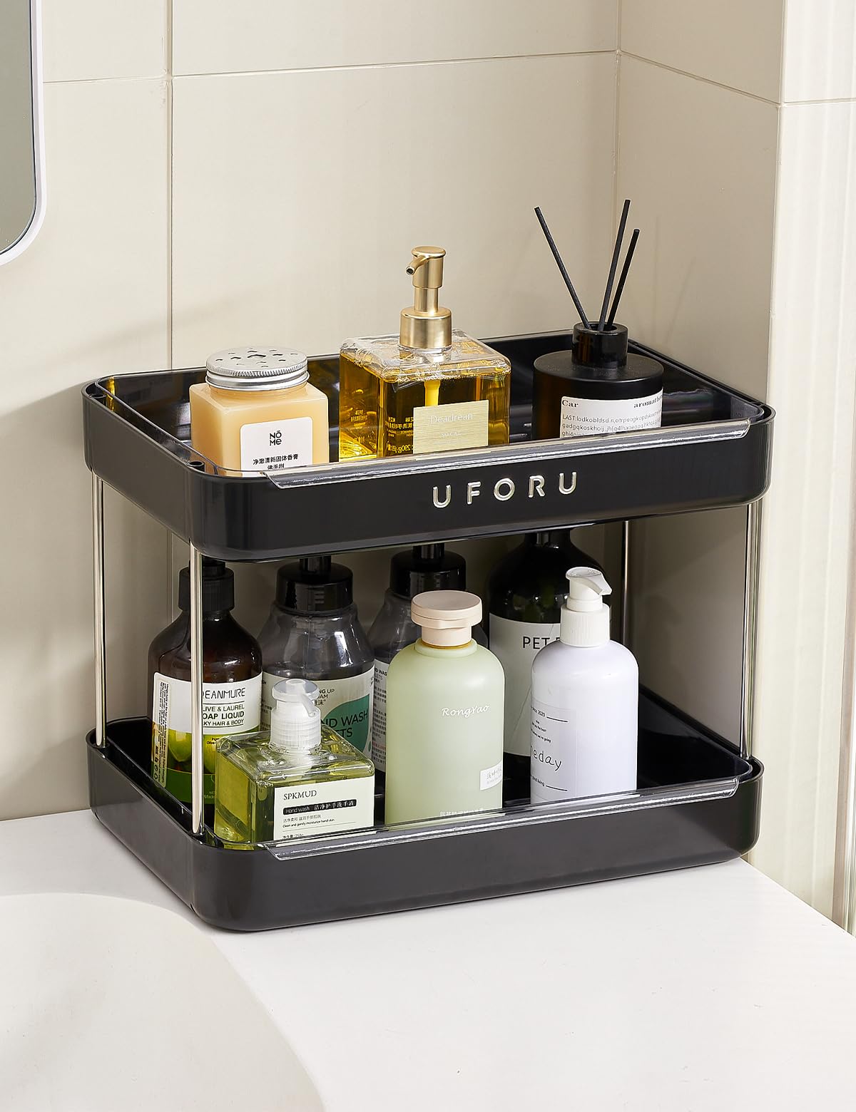 UFORU Countertop Coffee Station Organizer, 2 Tier Wine Glass Holder, Mug Display Shelf with Removable Drain Tray, Spice & condiment Rack for Kitchen, Bathroom Countertop Organizer, Black