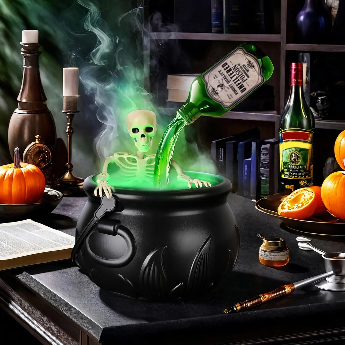 Halloween Decorations Indoor - Skeleton Cauldron Running Water Decor with Magic Floating Potion Bottles and Diffuser - Black Plastic Witches Bowl Summerween Decoration for Spooky Home Table (Set)