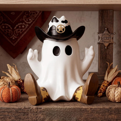 Threehoney Halloween Ghost Figurine Cowboy Spooky Resin Ghost Statue Decoration with Hat and Boots Cute Funny Western Cowboy Figurine for Table Shelf Indoor Decor(Sitting Posture)