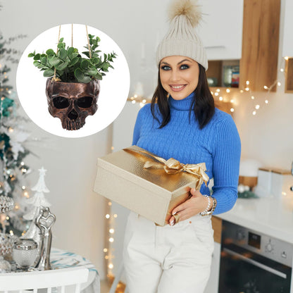 Romooa 2 Pack Hanging Skull Planter Pot with Ropes Gothic Skeleton Plant Pot Skull Candy Bowl for Succulent Plants Flowers Horror Head Wall Decoration (Bronze)