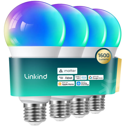 Linkind Matter Smart Light Bulb, WiFi Smart Bulbs, Work with Apple Home, Siri, Alexa, Google, SmartThings, RGBTW Color Changing Bulbs Mood Lighting, Music Sync, A19 E26 60W, 2.4Ghz WiFi 6 Pack