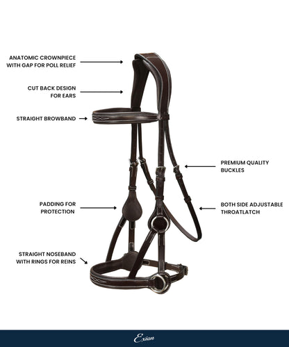 Exion ‘Astra’ Sidepull Bitless Bridle for Horses – Fancy Stitched Padded Leather with Anti-Pressure Crown, Rubber Reins, Stainless Hardware – Black, Brown, Oak | Cob, Full, Oversize, Pony