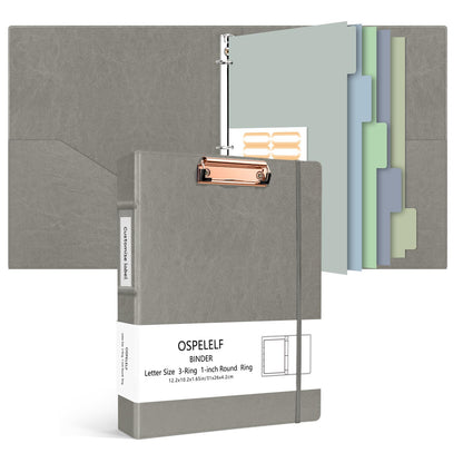 Ospelelf 3 Ring Binder With Clipboard 1 Inch Leather for Letter Size (8.5" x 11"), 5 Tab Dividers Office Supply, Grey