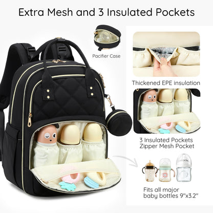 ViveVoy Diaper Bag Backpack, Large 26L Baby Bag with Portable Changing Pad & Pacifier Case, Waterproof Quilted Maternity Backpack for Mom and Dad, Travel Essentials with Insulated Pockets, Pink