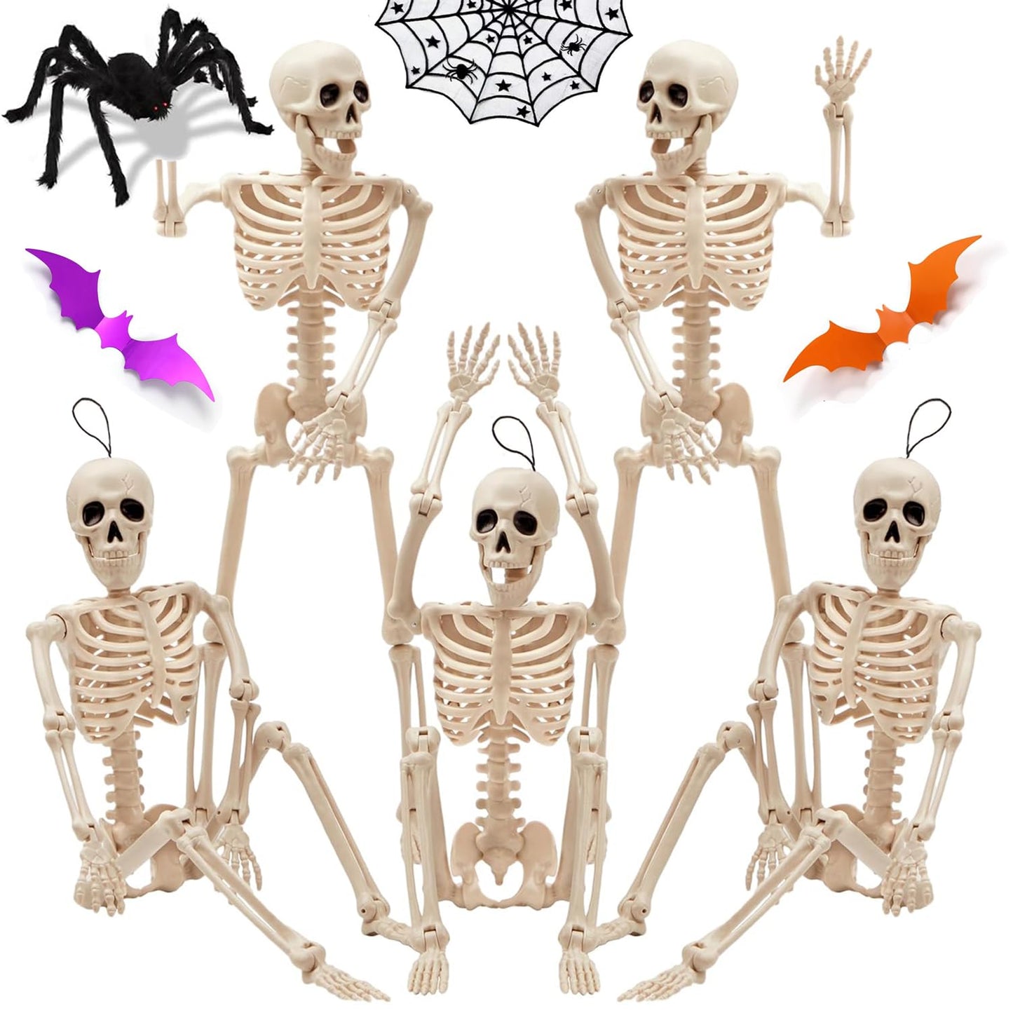 【5PCS 16 Inch Height】 Halloween Decorations Outdoor Indoor Halloween Skeleton Spooky Posable Skeletons Toy Small Skeletons Hanging Decor Movable Joints Decor Graveyard Haunted Party Accessories