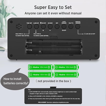 Peakeep Battery Operated Digital Alarm Clock for Bedrooms - Cordless Large Big Numbers 4 Dimmers, Auto Dimming for Seniors, Adjustable Volume Loud Alarm Clock for Heavy Sleepers Adults (Green Digits)