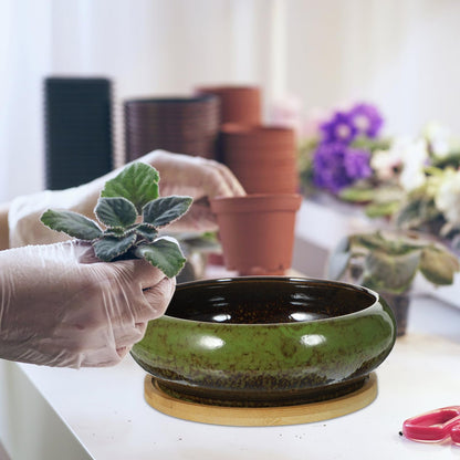 GANAZONO Succulent Succulent Planters with Drainage Ceramic Bonsai Pots with Bamboo Trays Round Shallow Pots for Indoor Cactus Flower Plants Green