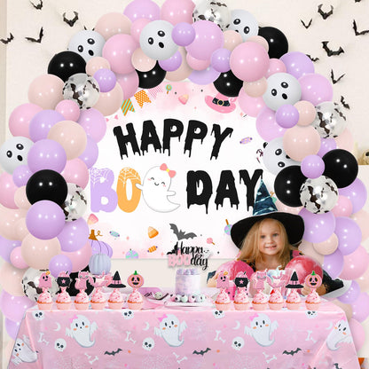 Balterever Happy Boo Day Party Decorations for Girl Pink Black Halloween Birthday Balloon Garland Kit with Happy Boo Day Backdrop Cake Cupcake Toppers Pink Halloween Tablecloth for Girl Bday Party
