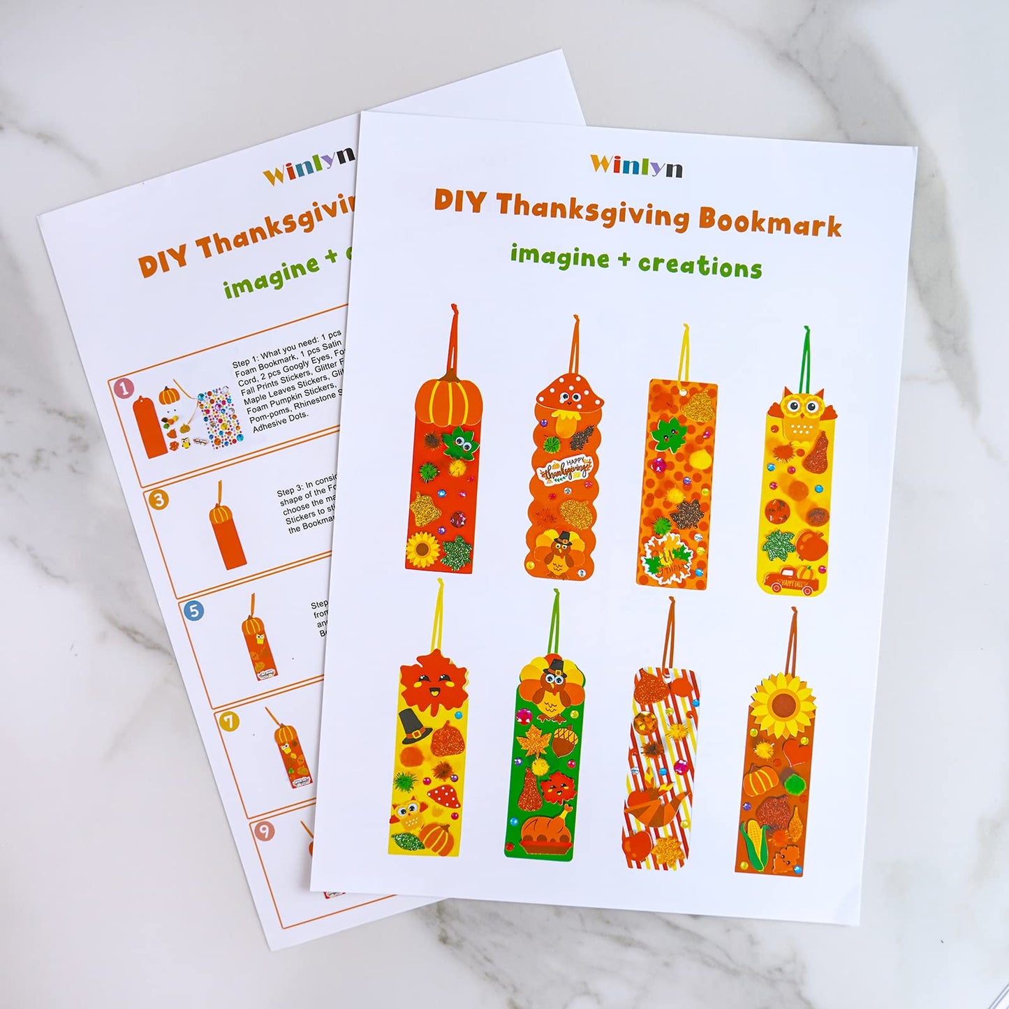 Winlyn 32 Sets Fall Crafts Kits DIY Fall Bookmarks Decorations Art Sets Maple Leaves Smile Face Owl Turkey Pumpkins Foam Stickers Arts and Crafts for Kids Thanksgiving Halloween Classroom Activities