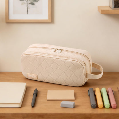EASTHILL Large Capacity Pencil Case Cute Pencil Pouch with Handle Stationery Pen Bag for Teen Girls-Cream
