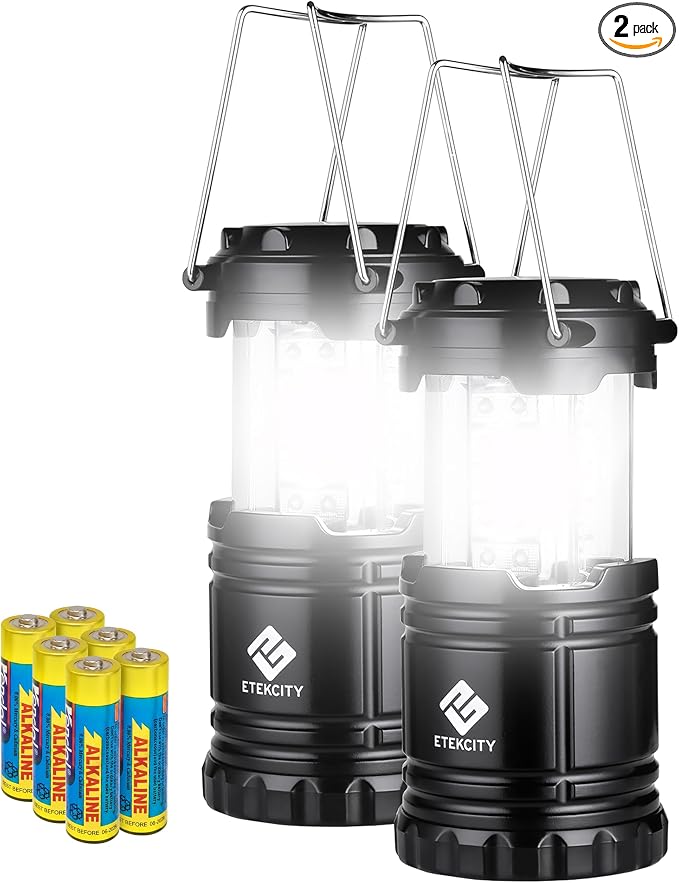 Etekcity Lantern Camping Essentials Lights, Led Flashlight for Power Outages, Battery Operated Lamp for Emergencies, Survival Gear, Hurricane Preparedness Items, Water Resistant, 2 Pack, Black