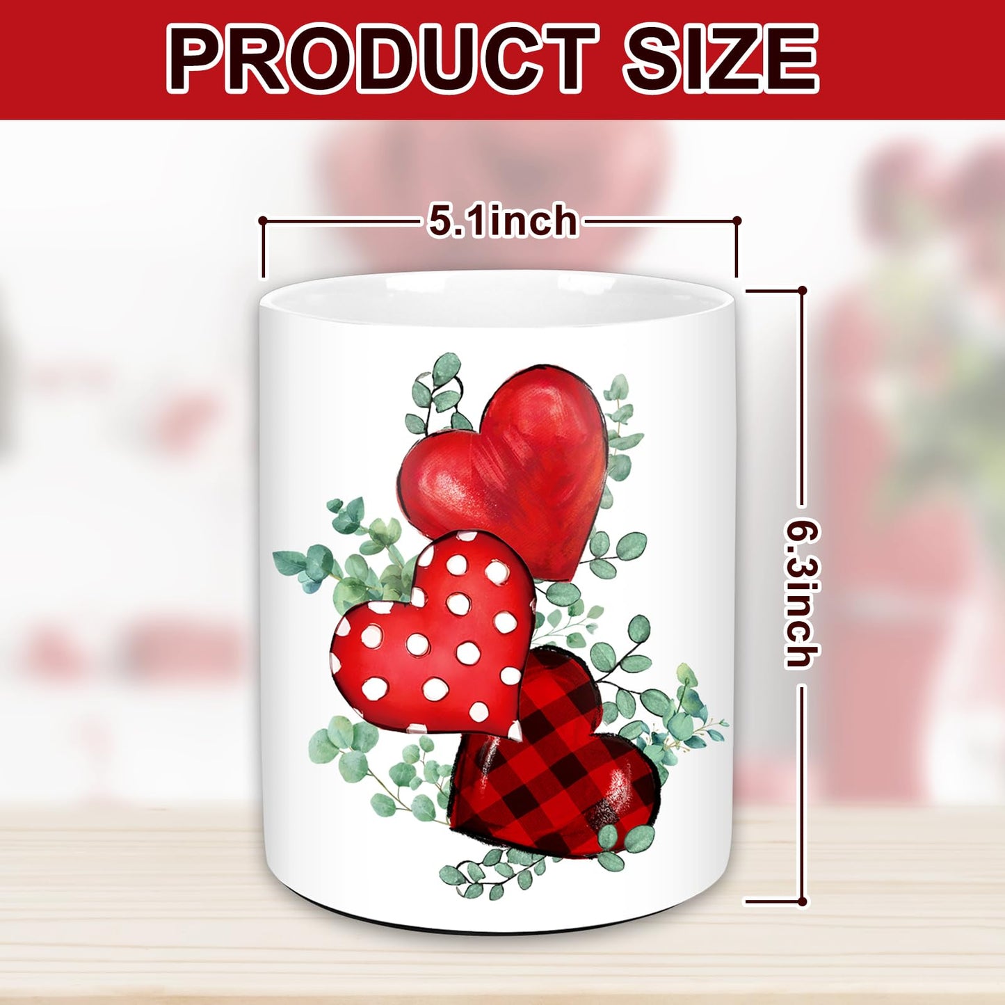 JarThenaAMCS Valentine's Day Ceramic Utensil Holder Green Leaves Red Heart Utensil Crock for Wedding Home Kitchen Countertop Storage Organizer Container