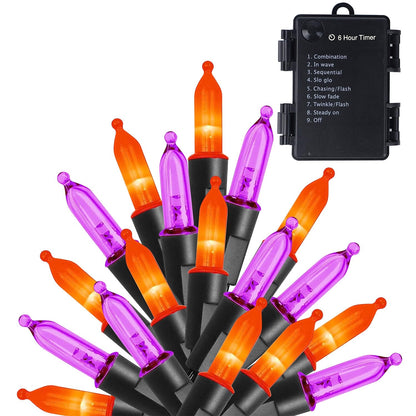 WATERGLIDE 50 LED Outdoor Halloween Lights, 16 FT Mini String Light with 8 Modes, Waterproof Battery Operated Tree Lights for Indoor Outdoor Patio Garden Party Wedding Decoration, Orange & Purple