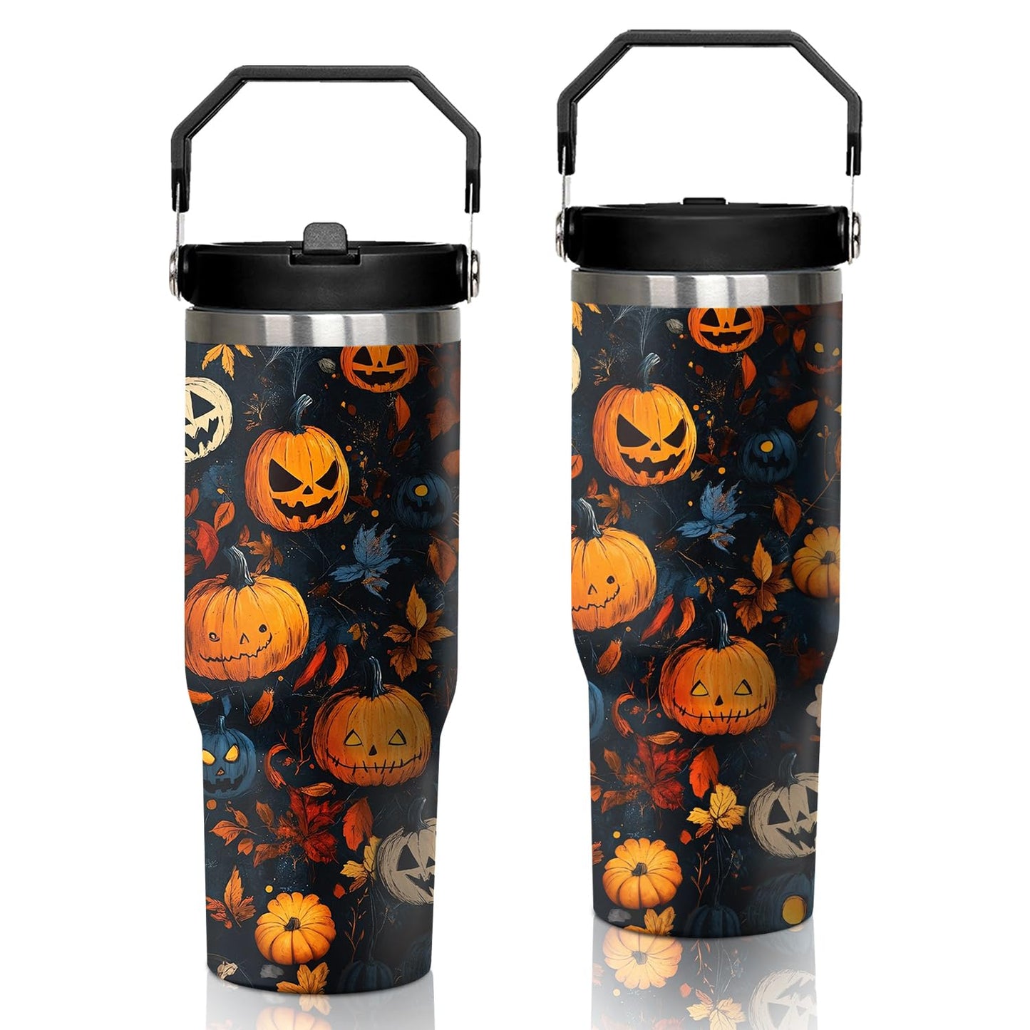 30 oz Halloween Pumpkin Tumbler with Handle and Flip Straw, Horror Scary Maple Leaves Spooky Coffee Mug Water Bottle Stainless Steel Cup, Birthday Gifts