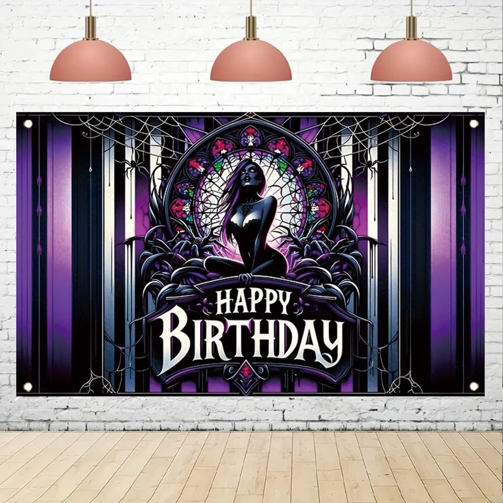 Tomhong Gothic Birthday Banner 71x43 Inch Purple Spider Web Stained Glass Halloween Theme for Gothic Party Decor Wall Hanging