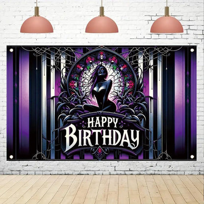 Tomhong Gothic Birthday Banner 71x43 Inch Purple Spider Web Stained Glass Halloween Theme for Gothic Party Decor Wall Hanging