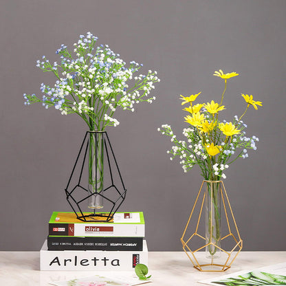 Metal Frame Vase Geometric Glass Flower Vase, Lantern Shape Glass Test Tube Vase, Modern Creative Clear Tube Glass Planter Terrariums with Geometric Metal Stand for Decor Office Home (Golden B)