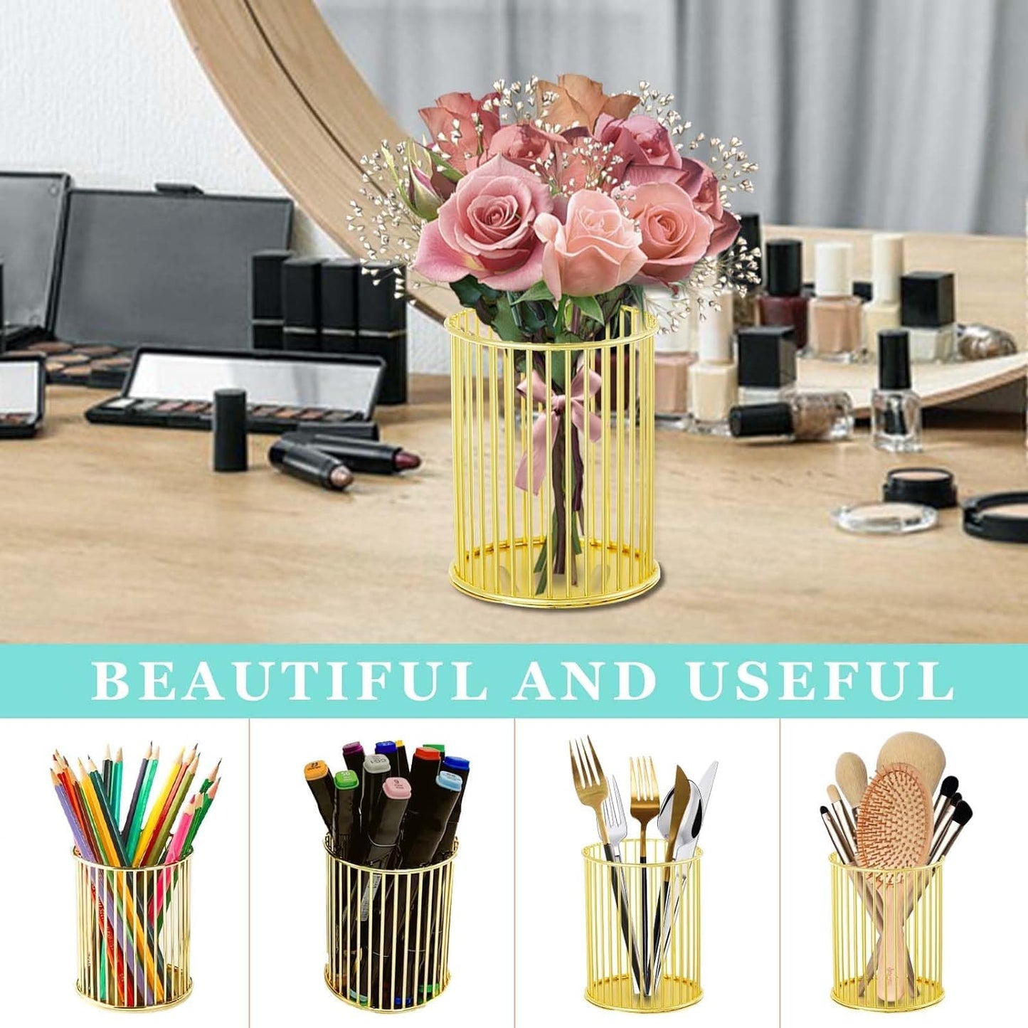 2Pcs Post sticky Note Holder + Pens Holders,Desk organizer sets,Gold Metal suit for Desk Memo,tableware,flowers,toothbrush,cute pencil holder ,Home Office decor and Accessories,Makeup Brushes Cup.