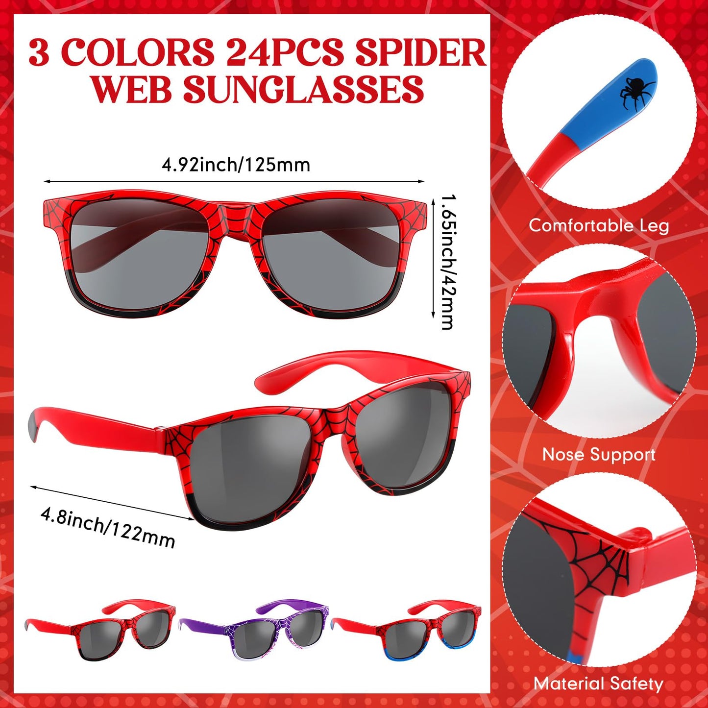 Soulchen 96 Pieces Spiderweb Birthday Party Decoration Set Spiderweb Gift Bags Spider Silicone Bracelet Sunglasses Cobweb Sticky Hands Toys for Birthday Party Supplies Favors (Vibrant)