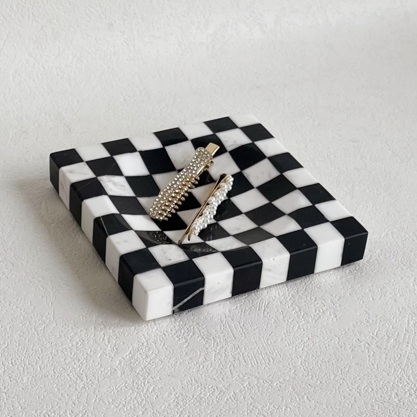 StonePlus Marble Stone Black and White Checkerboard Square Small Splicing Mosaic Tray Jewelry Dish (Black and White)