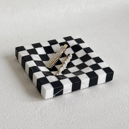 StonePlus Marble Stone Black and White Checkerboard Square Small Splicing Mosaic Tray Jewelry Dish (Black and White)