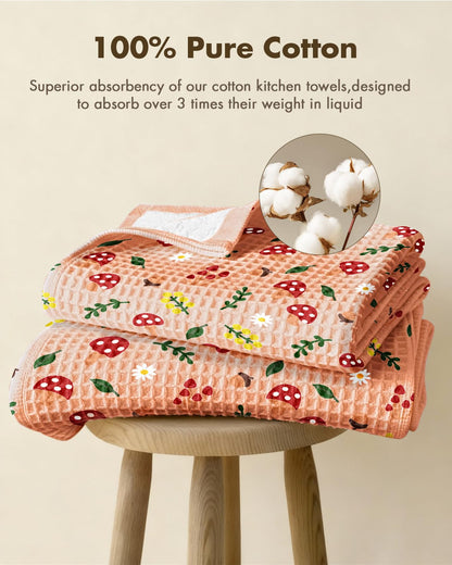 Miss Adola Cotton Waffle Kitchen Towels – Cute 370 GSM 16x25 Inch Terry Cloth Waffle Decorative Dishcloth for Kitchen Set of 2 with Hanging Loop Absorbent Hand Tea Towel for Home Design, Mushroom