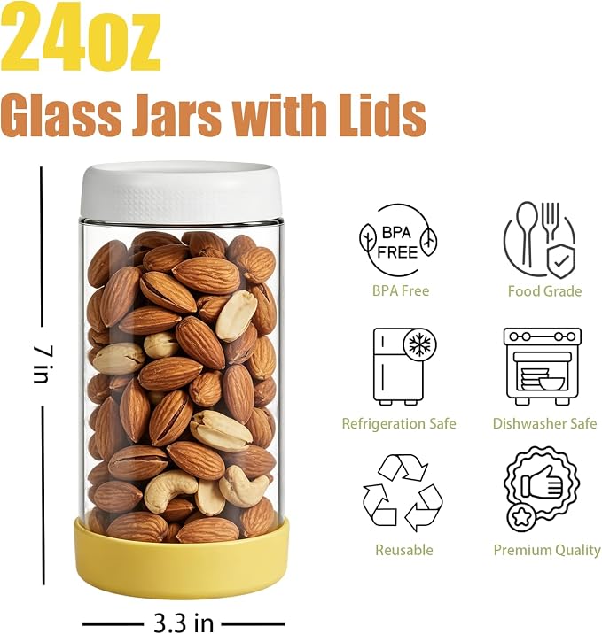 JohnBee 6-Pack 24 oz Glass Overnight Oats Containers with Airtight Lids and Silicone Sleeves - Wide Mouth Jars for Salad, Yogurt, pickles, Snacks, Spice & Sugar - Leakproof Glass Food Storage Jars
