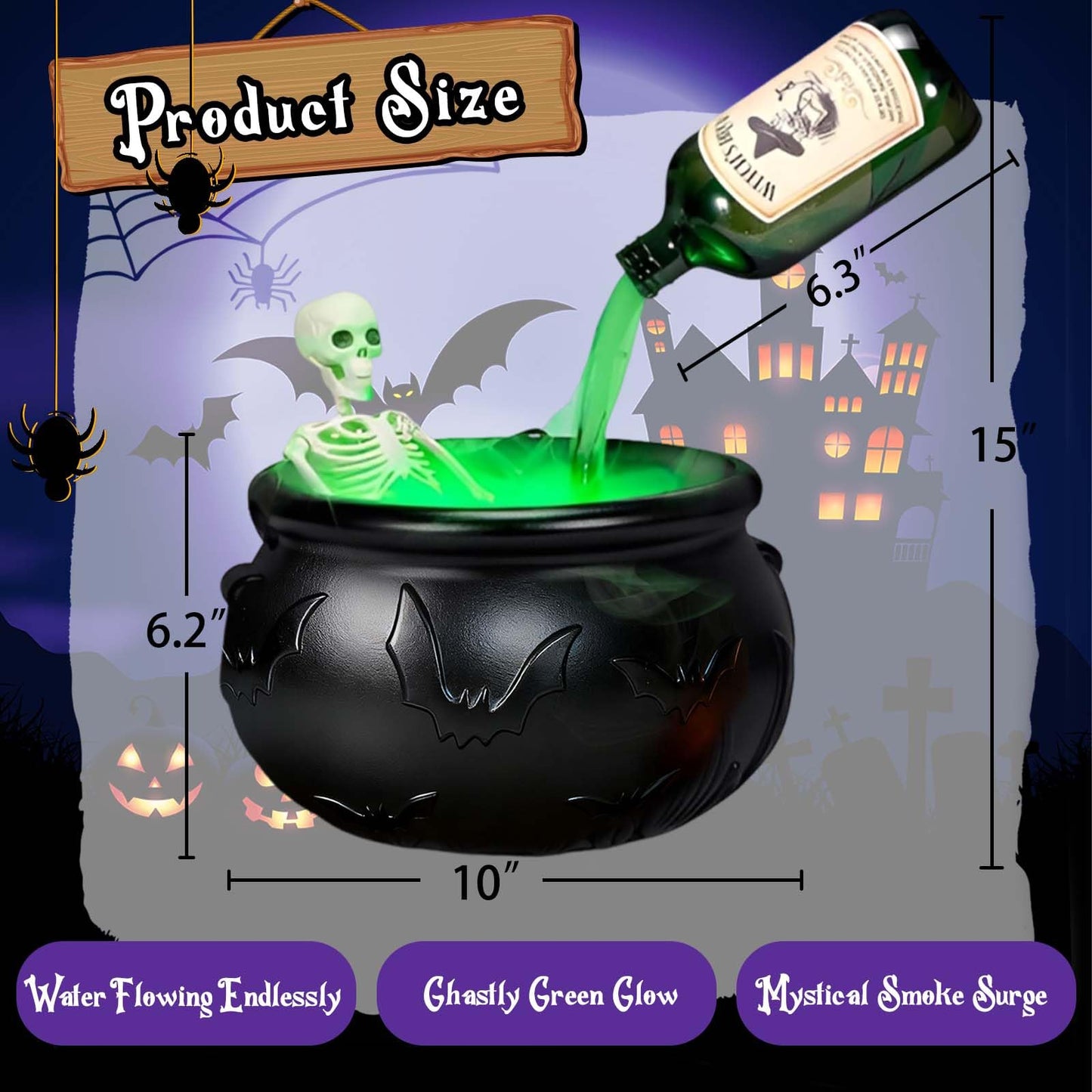 Halloween Decor Indoor - Cauldron Decorations with Skeleton, Magic Floating Potion Bottles & Fog Maker -Scary Witches Cauldron Halloween Party Decoration for Home kitchen Table
