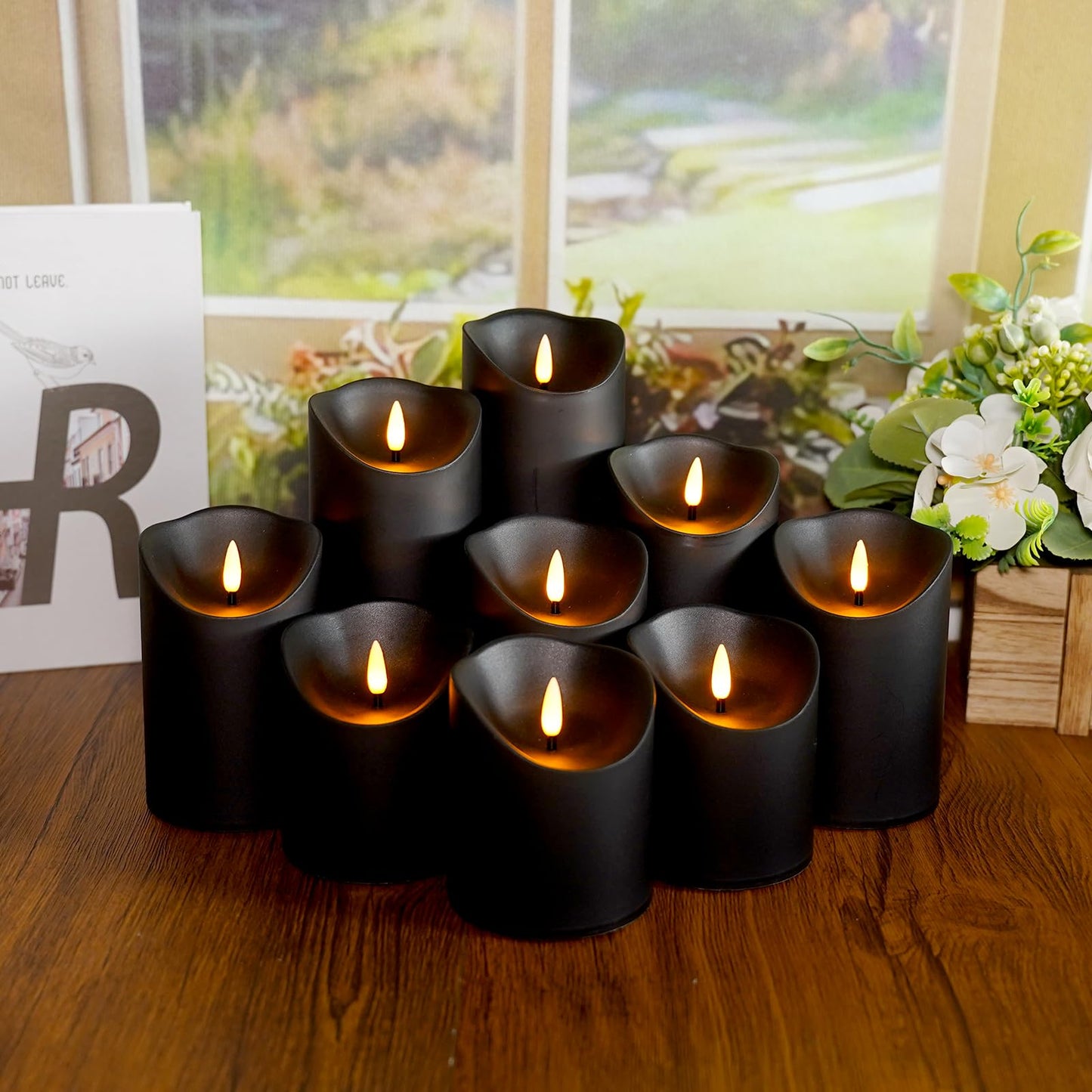 Eebuss Flameless Candles with Remote Timer, Battery Operated Realistic Flickering LED Candles, 9 Packs Fake Candles for Home Decor (D3 x H 3" 4" 5" 6" 7") (Black)