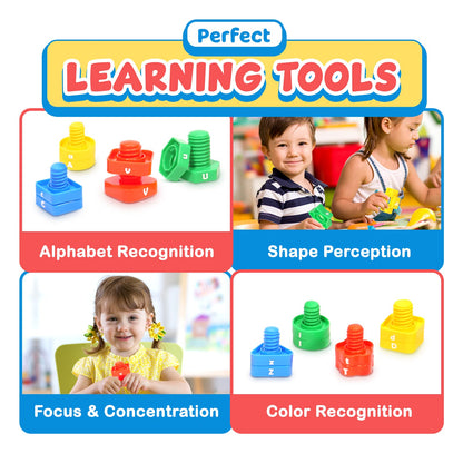 Letters Learning Matching Game | Preschool Toys Set for Toddlers | 26 Alphabet Learning Toys with 52 pcs Nuts and Bolts Sorting & Stacking Toys, ABC learning Educational Montessori Toy for Kids