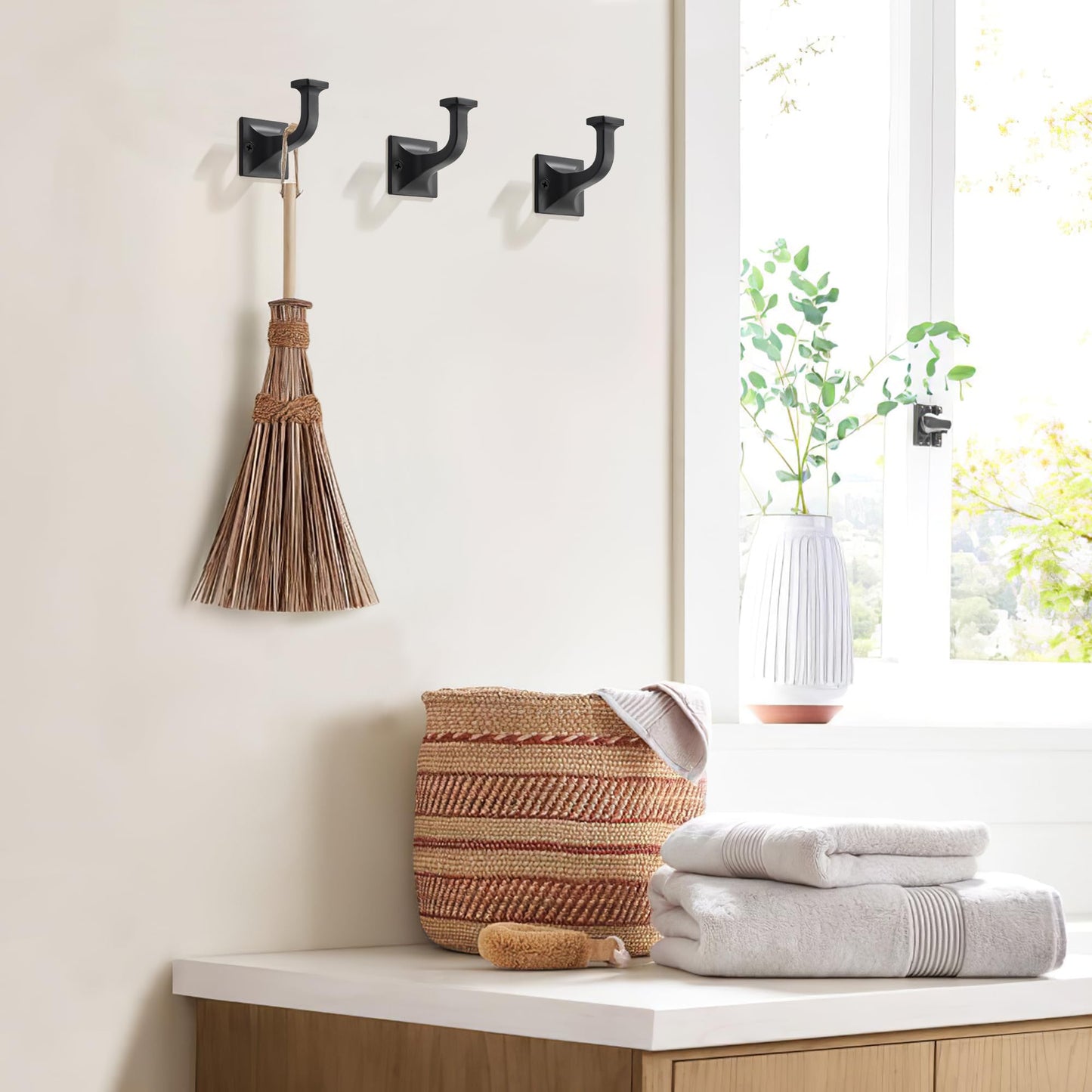 TUNNY 3 Pack Coat Hooks - Matte Black Robe Hooks Decorative Wall Hooks for Bathroom Bedroom Kitchen Towel Robe Clothes Cabinet Closet Bathroom Hardware
