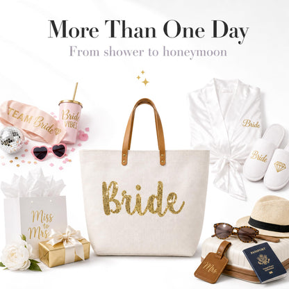 Mud Pie Bride Tote Bag, Bridal Shower Gift with Gold Sequin Script, Bridal Bag With Vegan Leather Handles