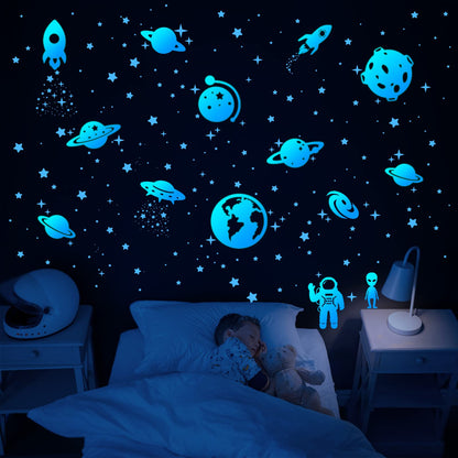 Glow in The Dark Stars for Ceiling, Solar System Wall Stickers for Kids, Planet Wall Decals, Glowing Stars, Space Decor for Boys Room, Galaxy Astronaut Rocket Spacecraft Alien Decoration (Blue)