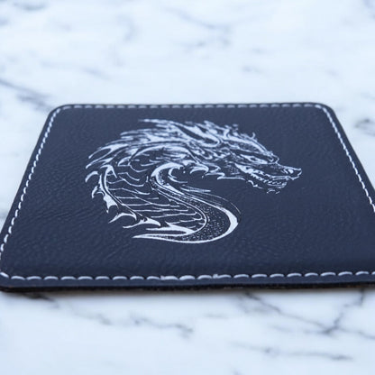 Coaster - Dragon - SET OF 2 - Leather or Stitched Cork (Black/Silver)