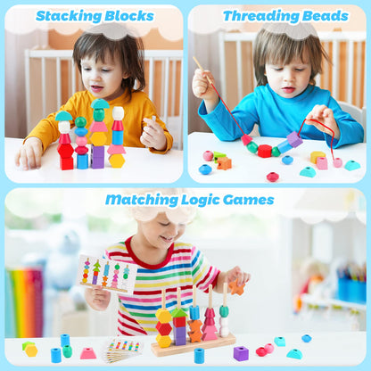 Montessori Wooden Beads Sequencing Toy Set, Stacking Blocks & Lacing Beads & Matching Shape Stacker, Montessori Toys for 3 4 5 Year Old STEM Preschool Learning Toys Gifts for Kids Boy Girl Toddler