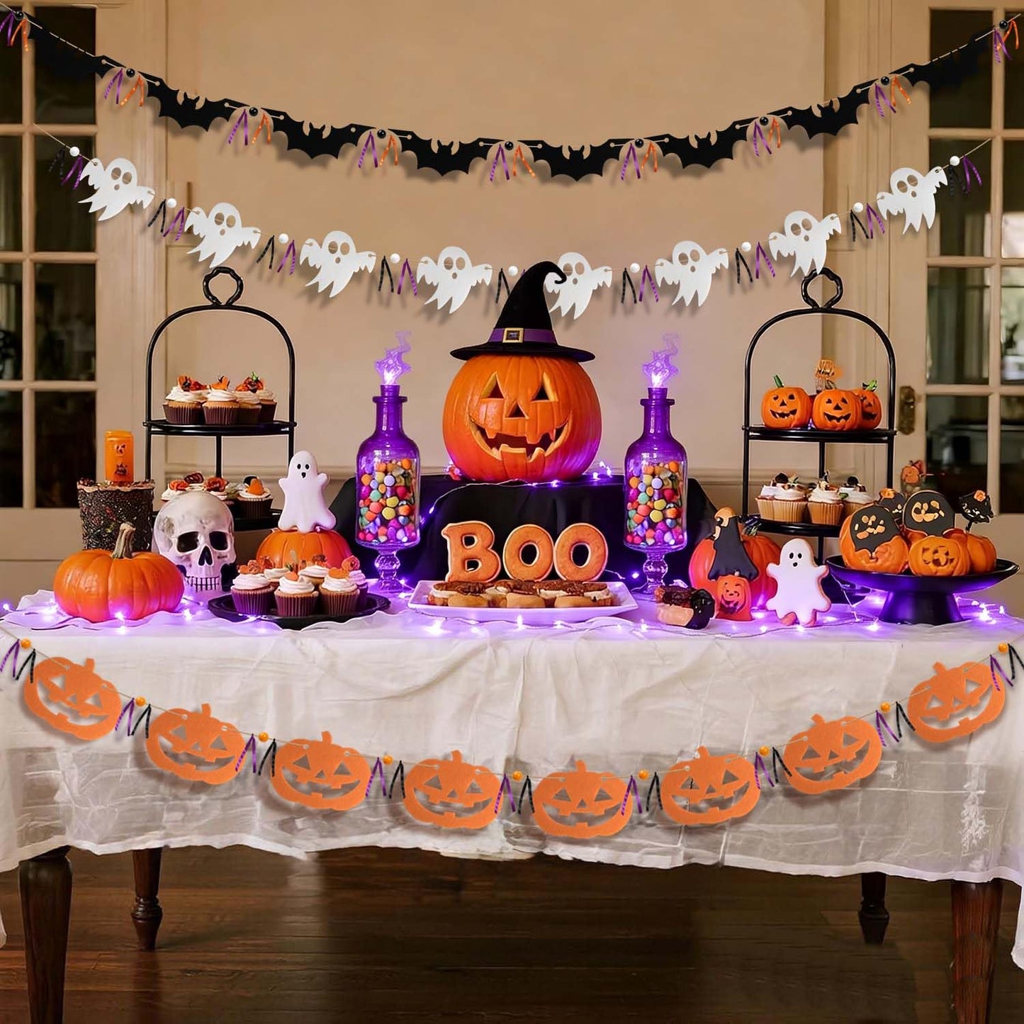 FuSenYuan Halloween Felt Garland Set of 3 (Pre-Strung) Ghost Bat Pumpkin Garland with Wooden Beads and Ribbons Felt Halloween Hanging Garland Banner for Party Mantle Home Wall Decor
